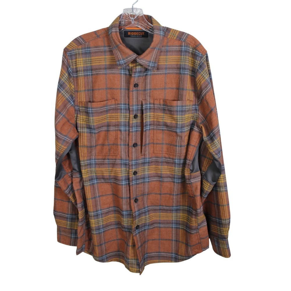 Ridgecut Toughwear Mens‎ Plaid Button Down Shirt Orange Blue Mesh Vented Medium